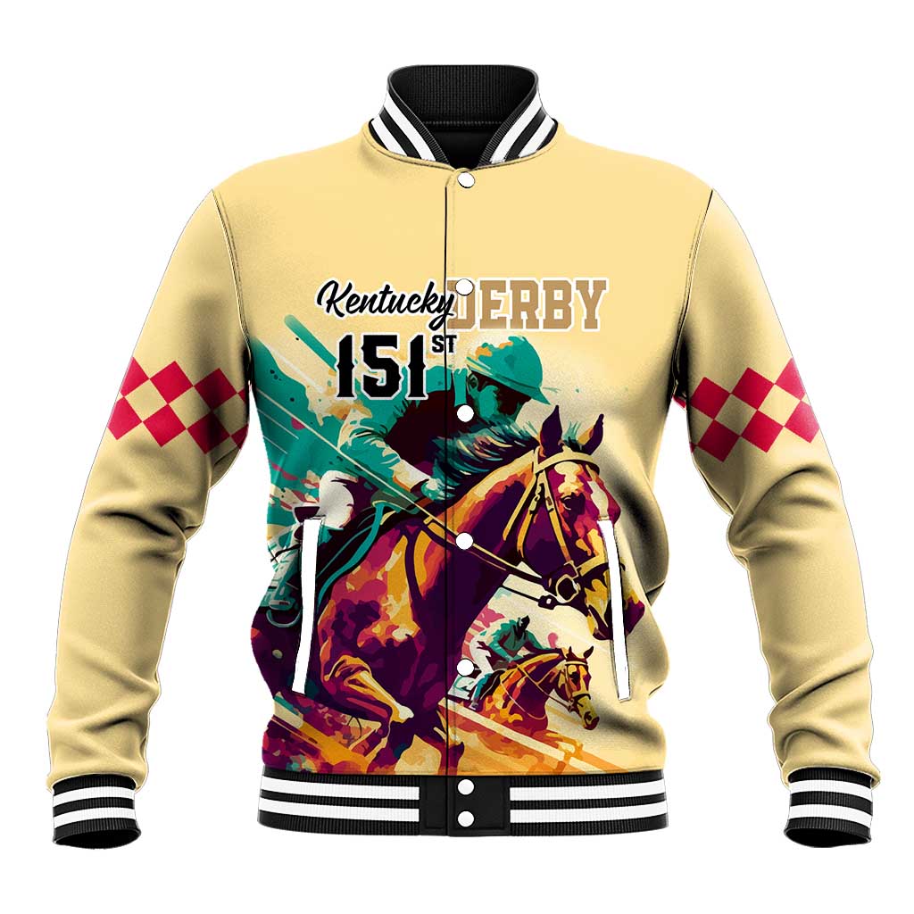 Gold baseball jacket with varsity collar, ribbed cuffs, checker sleeve stripes, horse graphic
