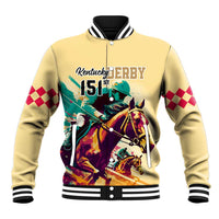 Gold baseball jacket with varsity collar, ribbed cuffs, checker sleeve stripes, horse graphic