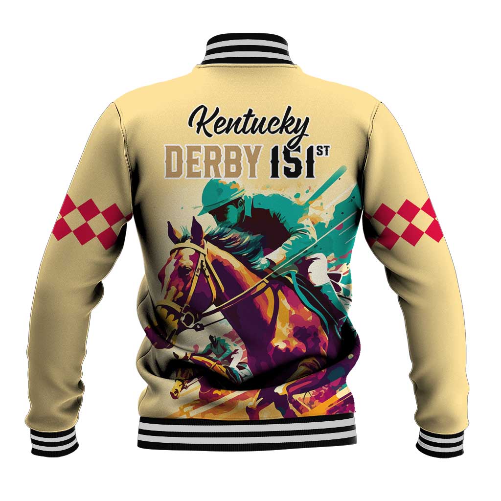 Gold baseball jacket with striped ribbed collar and cuffs, large back horse race graphic