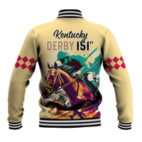 Gold baseball jacket with striped ribbed collar and cuffs, large back horse race graphic