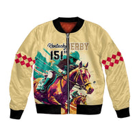 Unisex gold bomber jacket with front zipper, checkered sleeves, Kentucky Derby 151st horse art
