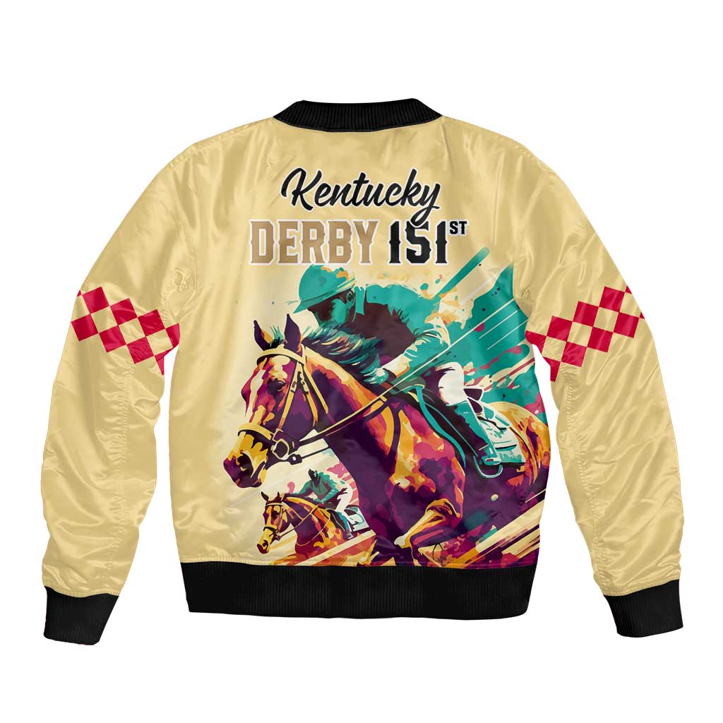 Unisex gold bomber jacket with back Kentucky Derby 151st horse print and checkered sleeves