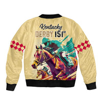 Unisex gold bomber jacket with back Kentucky Derby 151st horse print and checkered sleeves