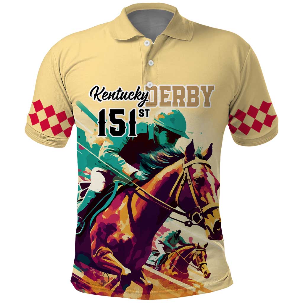 Yellow polo shirt with colorful Kentucky Derby 151st horse graphic and checkered sleeves