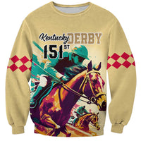 Gold sweatshirt with Kentucky Derby 151st front graphic of teal jockey and horse.