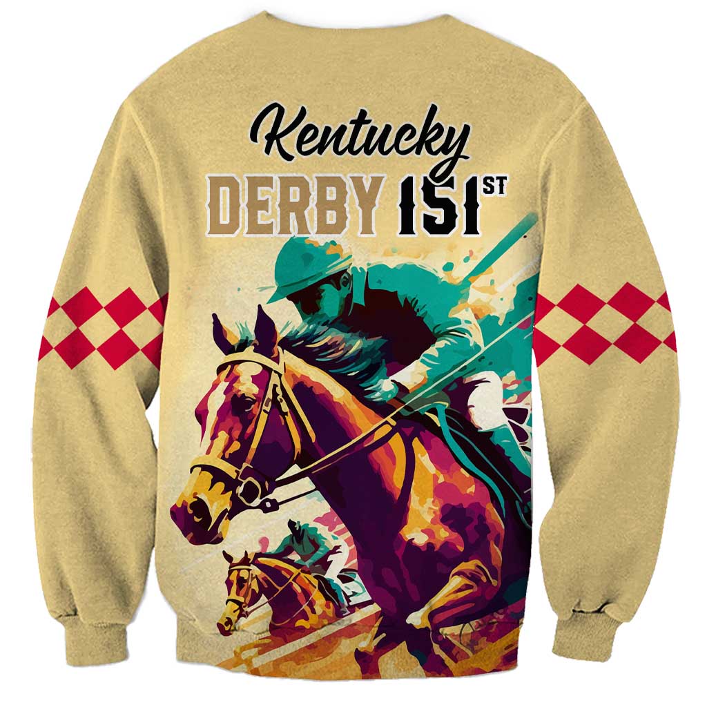 Gold sweatshirt with red diamond sleeves and Kentucky Derby 151st back jockey-and-horse art.