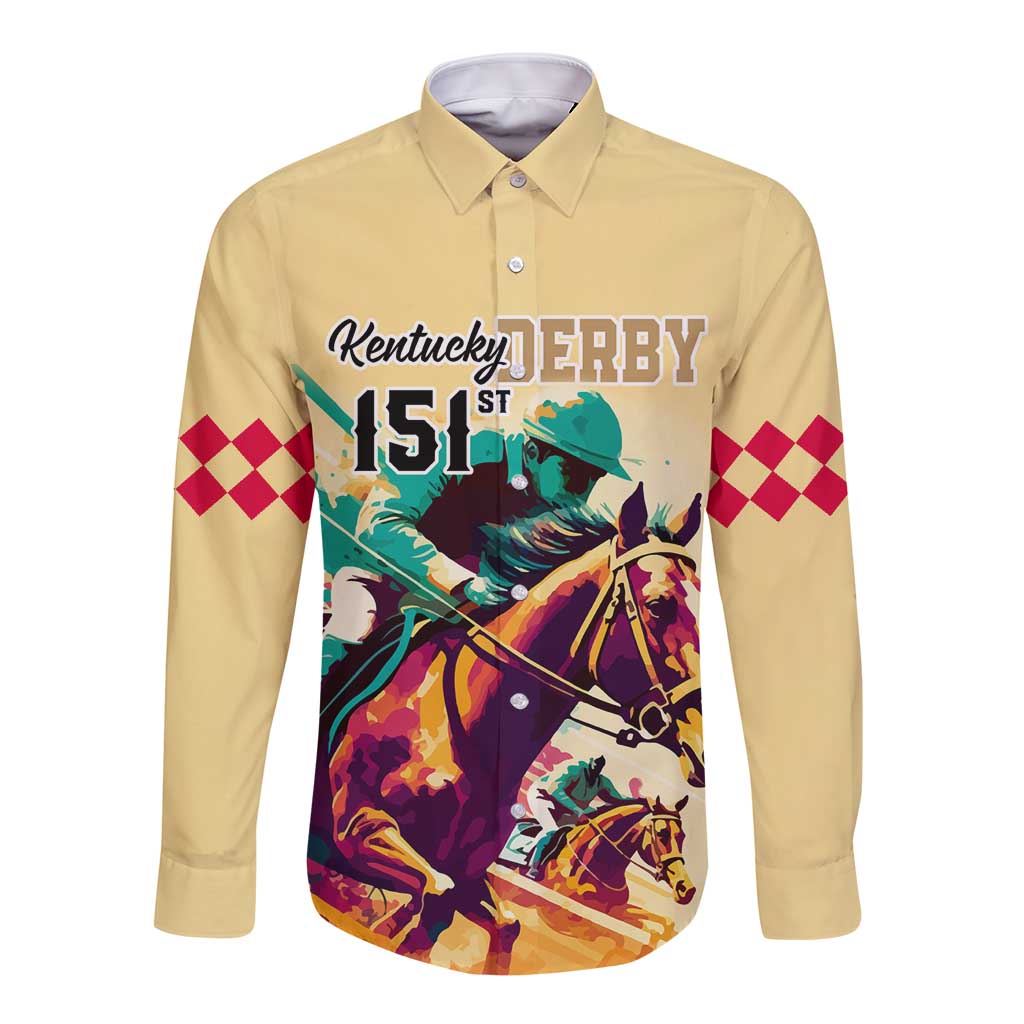 Gold long-sleeve button shirt with horse racing 151st front graphic