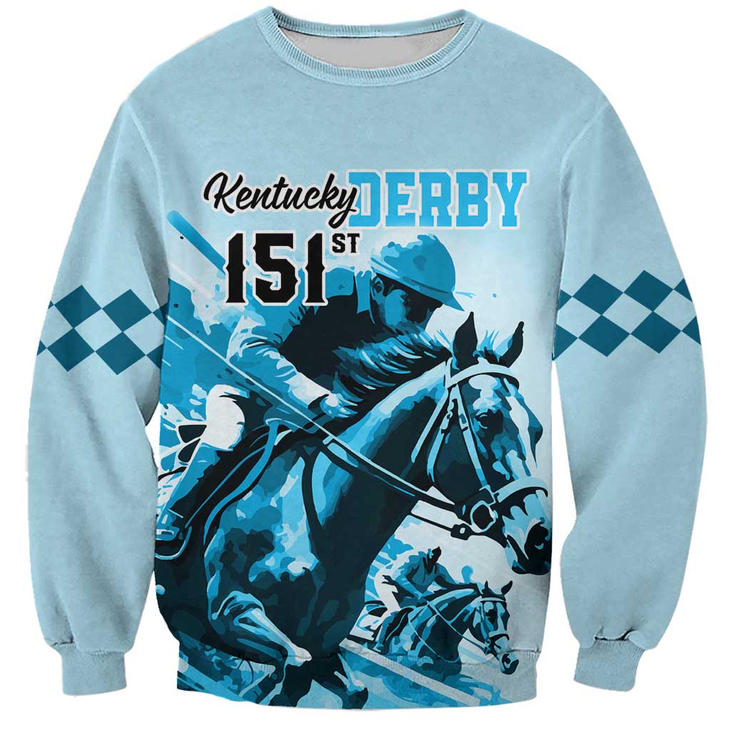 Light blue unisex sweatshirt with Kentucky Derby 151st graphic, checkered sleeves