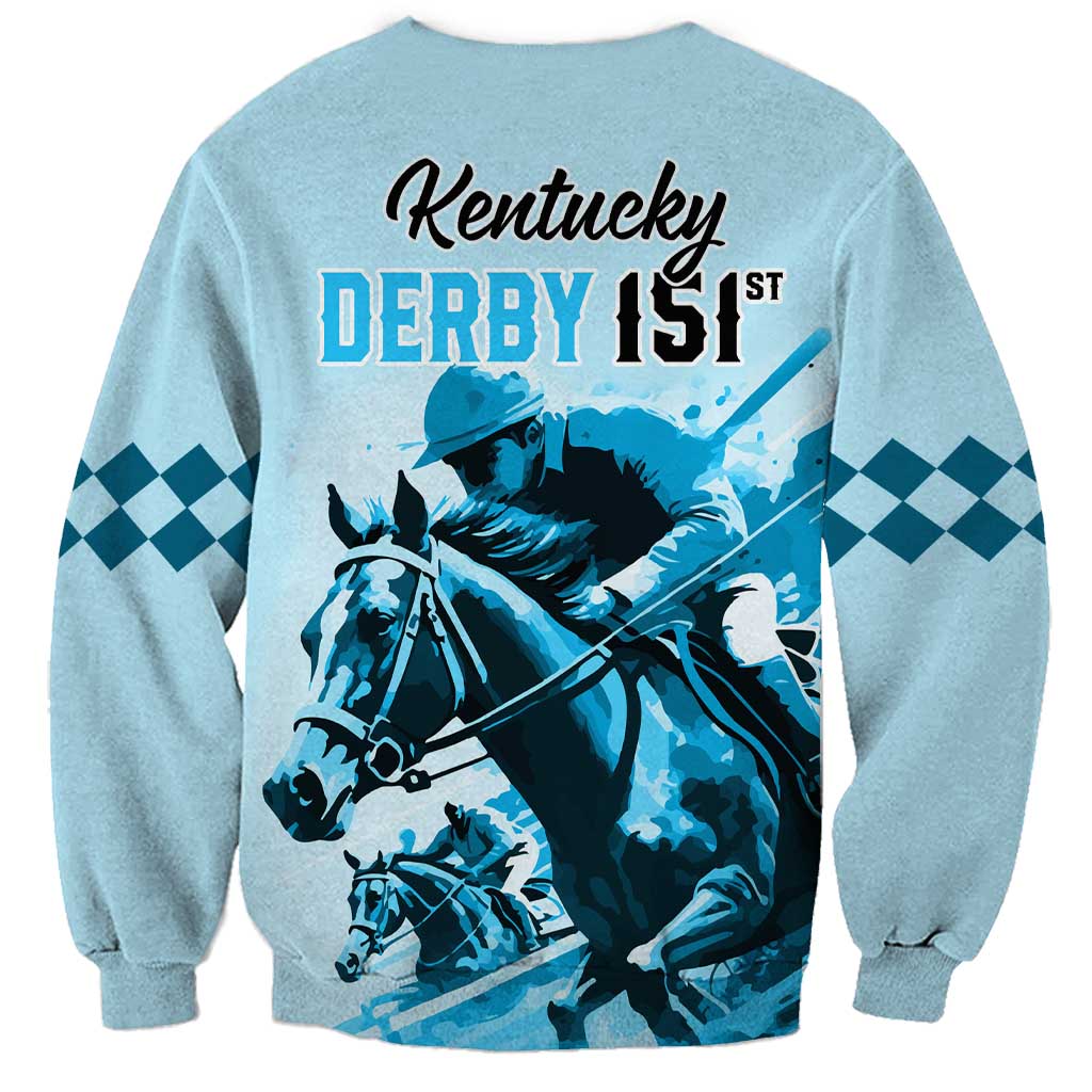 Light blue unisex sweatshirt with Kentucky Derby 151st back text and horse rider graphic