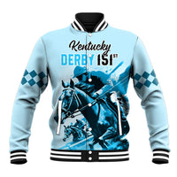 Light blue varsity-style jacket, striped collar, snap front; horse Kentucky Derby 151 print