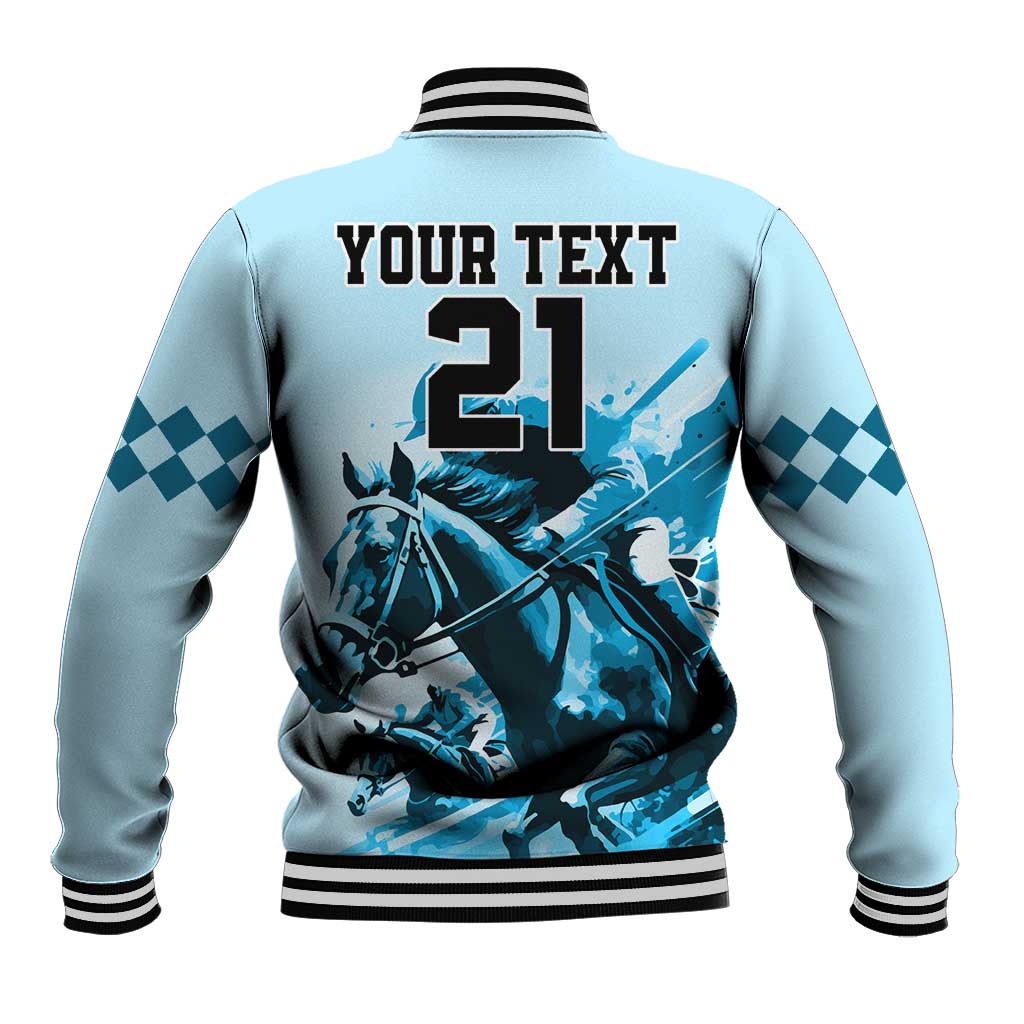 Light blue varsity-style jacket, striped collar and cuffs; horse graphic with back text 21