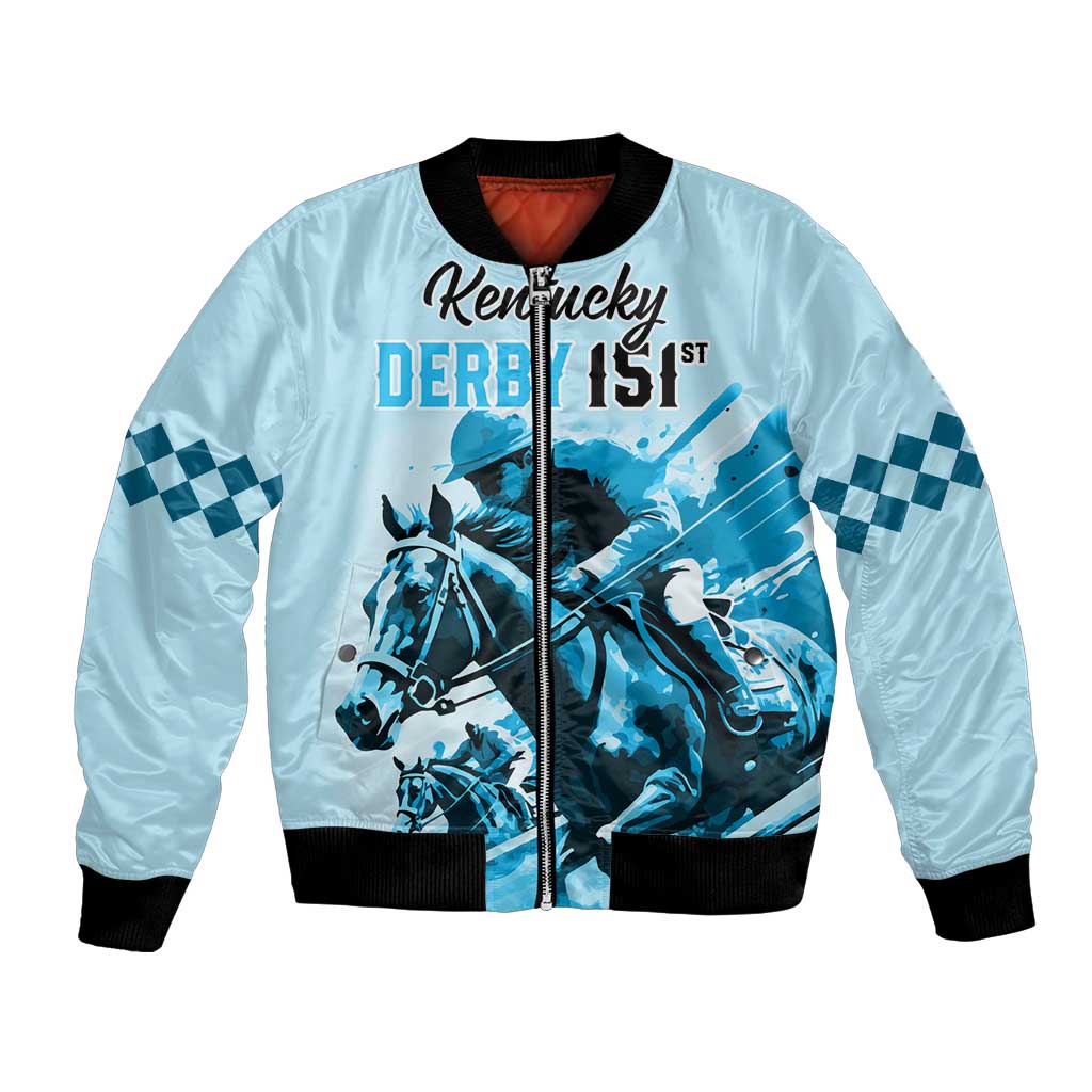 Light blue bomber jacket with black ribbed collar and Kentucky Derby 151st horse graphic
