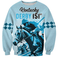 Light blue crewneck sweatshirt with horse racing rider graphic and blue check sleeves
