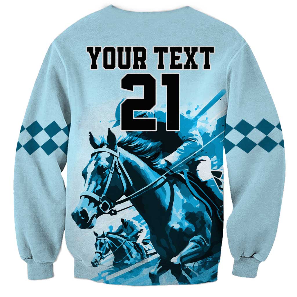 Light blue sweatshirt with 'YOUR TEXT 21' and horse racing rider back graphic