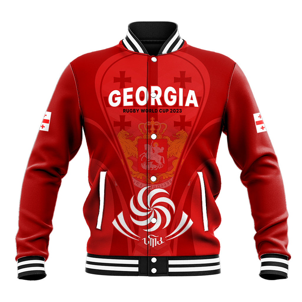 Red rugby baseball jacket with striped ribbed collar, cuffs, and GEORGIA front logo