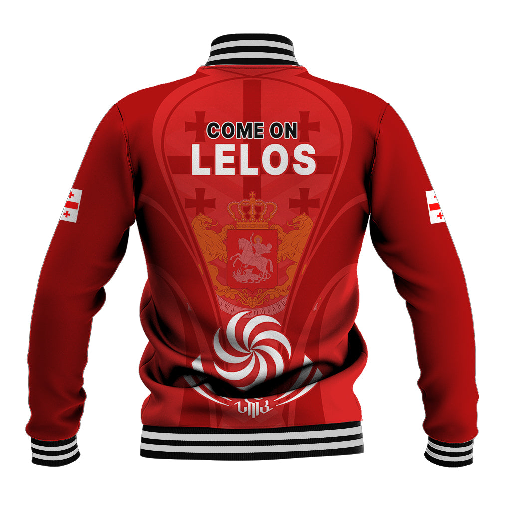 Red rugby baseball jacket with striped ribbed collar and back COME ON LELOS graphic