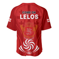 Red rugby jersey back with 'COME ON LELOS' lettering and crest graphic