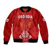 Red bomber jacket with black rib trim, zip front, Georgia rugby graphic, sleeve flag