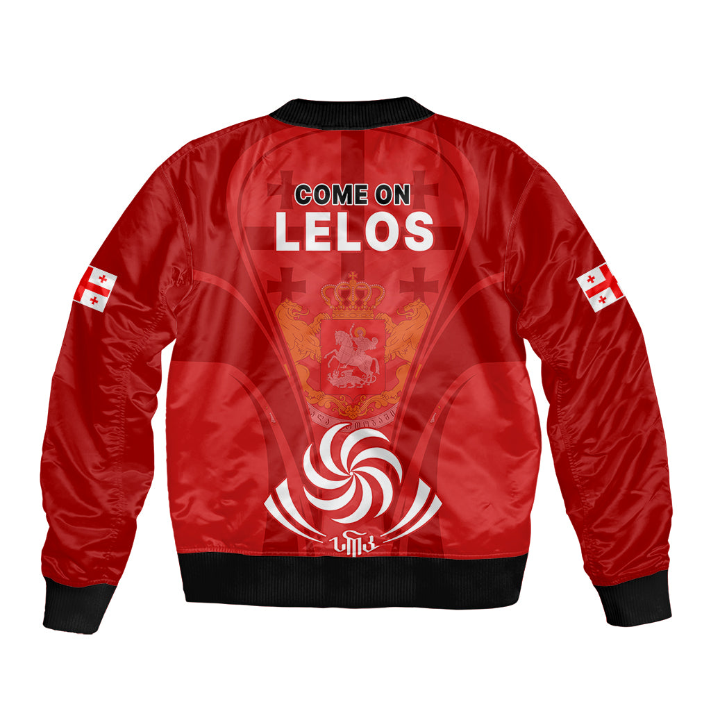 Red bomber jacket with black rib trim, back "COME ON LELOS" crest emblem
