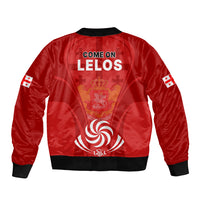 Red bomber jacket with black rib trim, back "COME ON LELOS" crest emblem