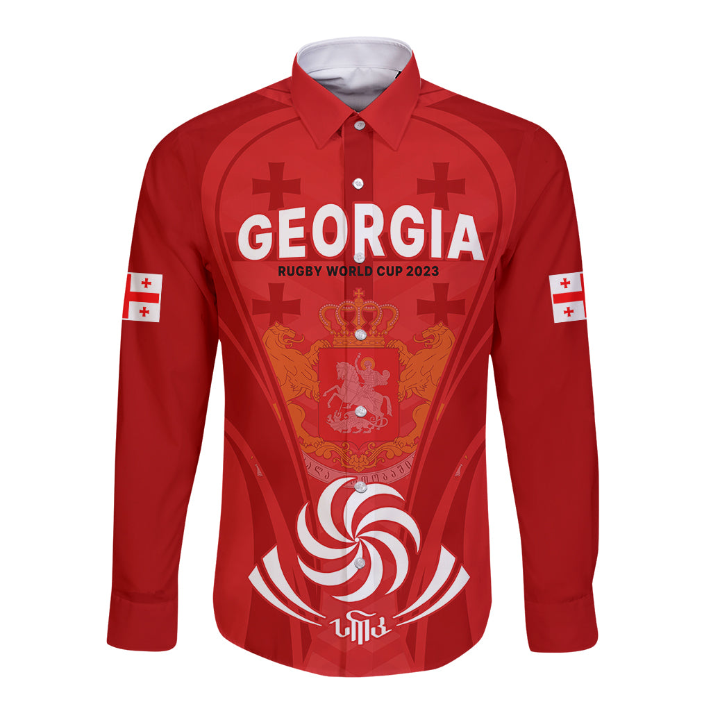 Red long-sleeve rugby button shirt with Georgia crest and 'Rugby World Cup 2023' text