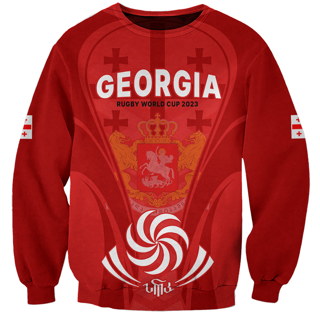 Red crewneck sweatshirt with Georgia Rugby World Cup 2023 front graphic and crest