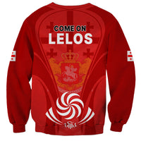 Red crewneck sweatshirt with "COME ON LEL0S" back text and crest graphic