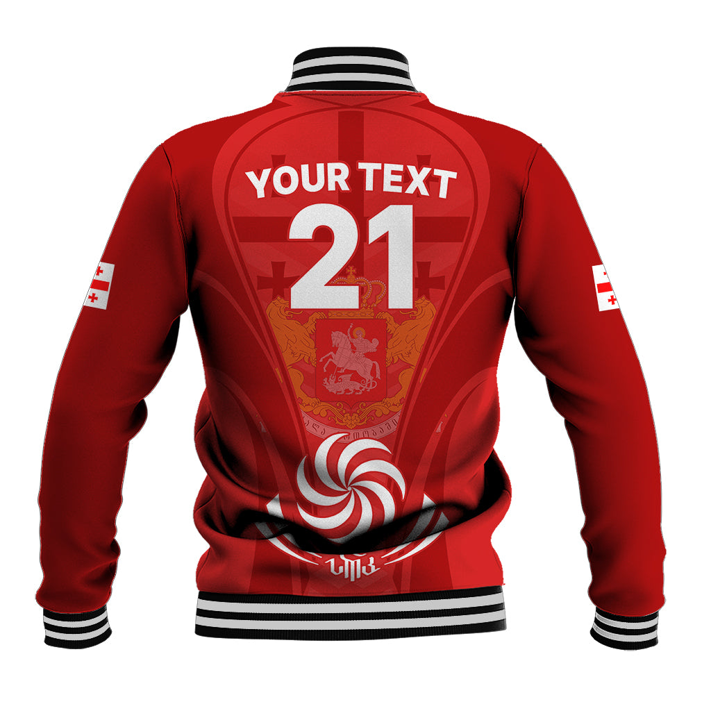 Red rugby baseball jacket with striped cuffs and back print, large number 21 crest