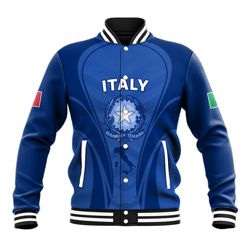 Blue zip-up varsity jacket with ribbed collar, striped cuffs, and Italy chest graphic