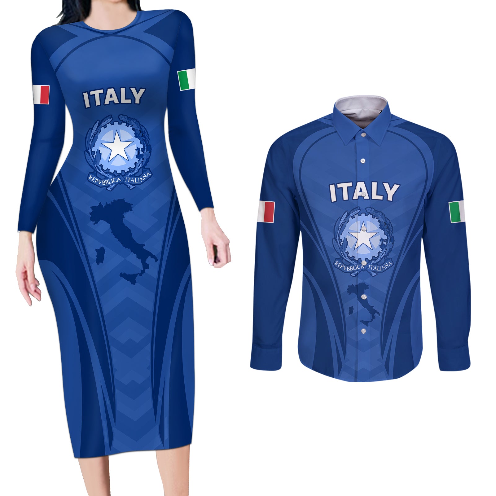 Italy Rugby Couples Matching Long Sleeve Bodycon Dress and Long Sleeve Button Shirts World Cup 2023 Go Gli Azzurri Sporty Style LT9 - Wonder Print Shop