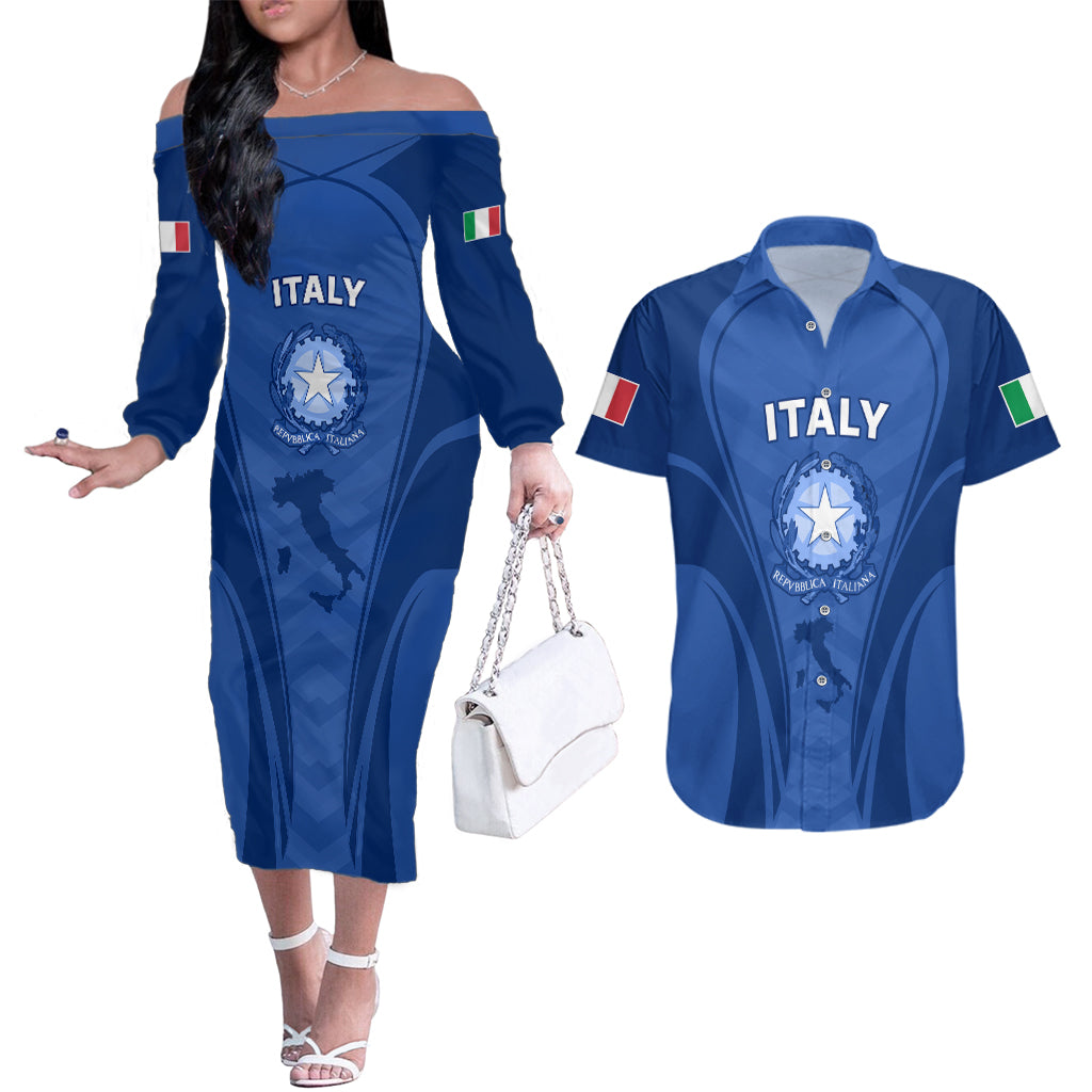 Italy Rugby Couples Matching Off The Shoulder Long Sleeve Dress and Hawaiian Shirt World Cup 2023 Go Gli Azzurri Sporty Style LT9 - Wonder Print Shop