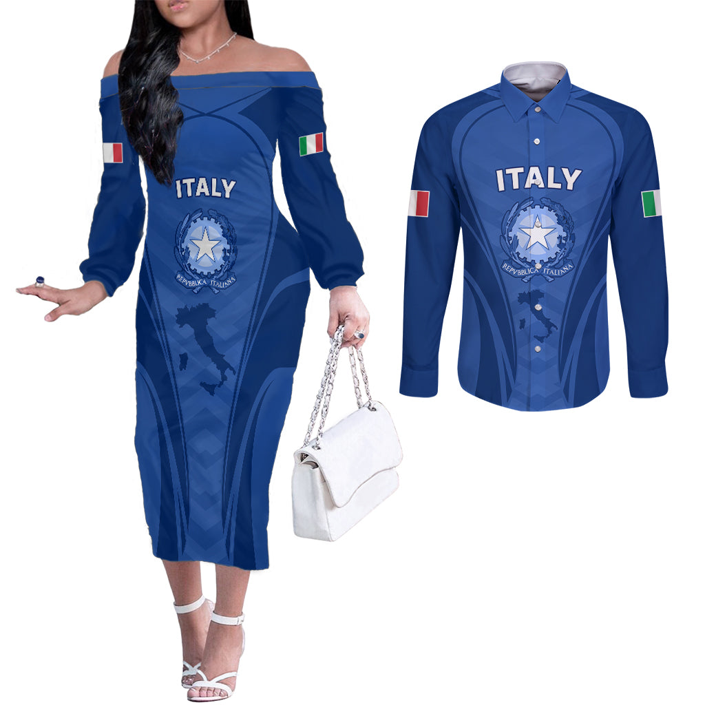 italy-rugby-couples-matching-off-the-shoulder-long-sleeve-dress-and-long-sleeve-button-shirts-world-cup-2023-go-gli-azzurri-sporty-style