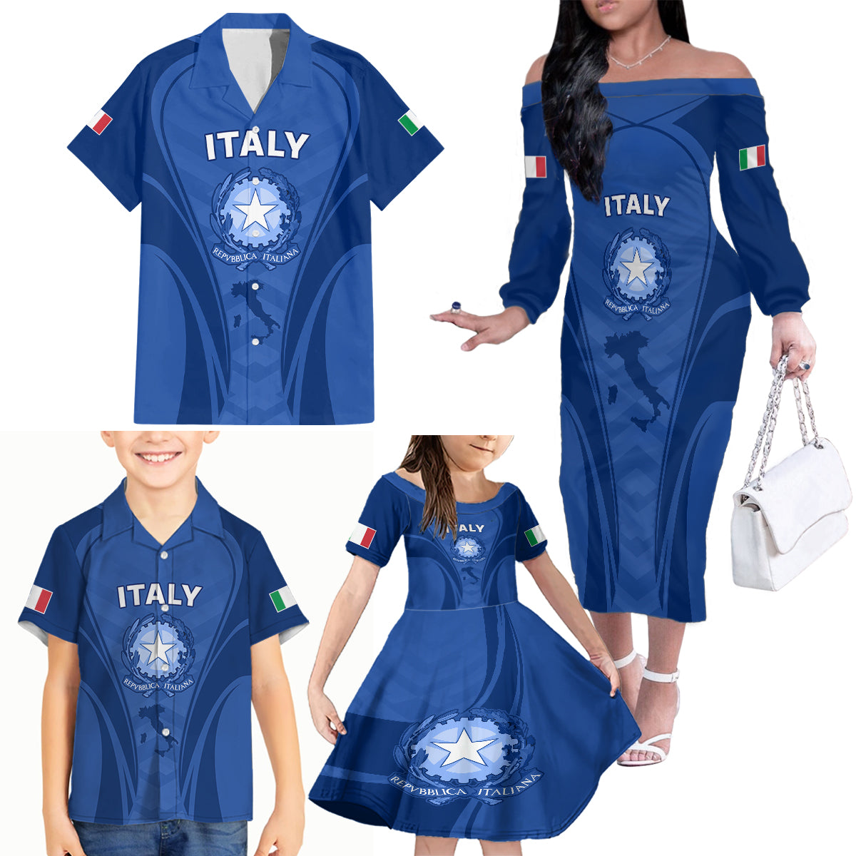 Italy Rugby Family Matching Off Shoulder Long Sleeve Dress and Hawaiian Shirt World Cup 2023 Go Gli Azzurri Sporty Style - Wonder Print Shop