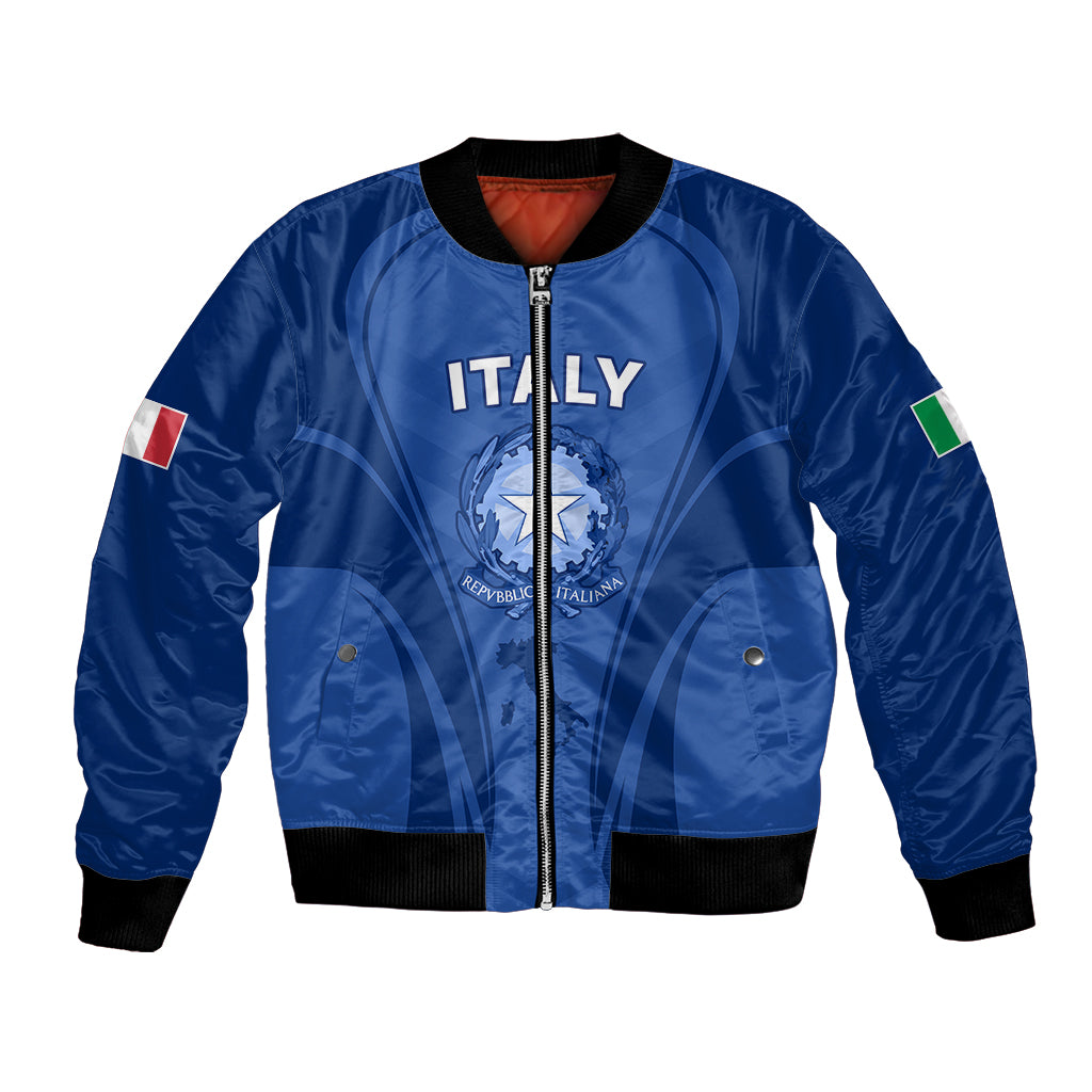 Blue Italy rugby bomber jacket with full-zip front, black ribbed trims and sleeve patches