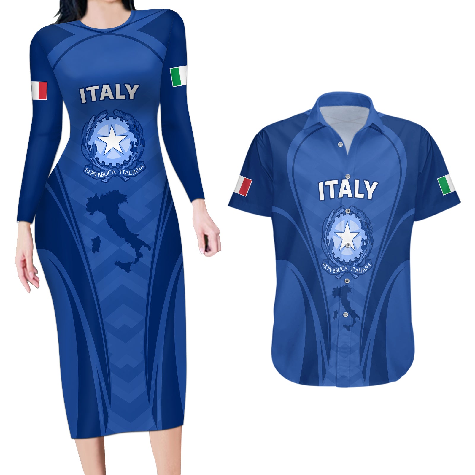 Custom Italy Rugby Couples Matching Long Sleeve Bodycon Dress and Hawaiian Shirt World Cup 2023 Go Gli Azzurri Sporty Style LT9 - Wonder Print Shop