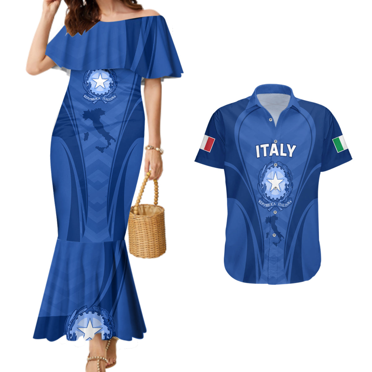 Custom Italy Rugby Couples Matching Mermaid Dress and Hawaiian Shirt World Cup 2023 Go Gli Azzurri Sporty Style LT9 - Wonder Print Shop