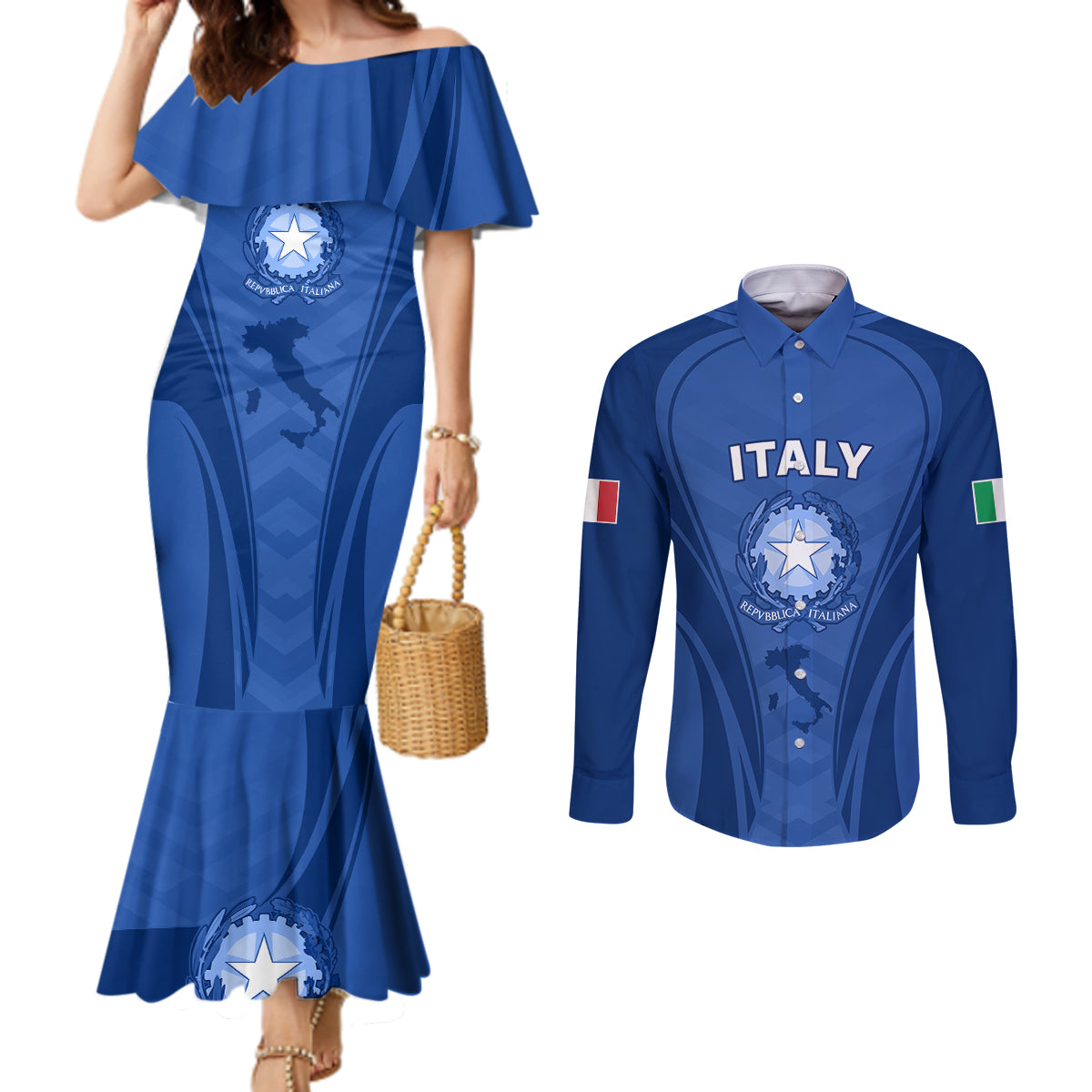 custom-italy-rugby-couples-matching-mermaid-dress-and-long-sleeve-button-shirts-world-cup-2023-go-gli-azzurri-sporty-style