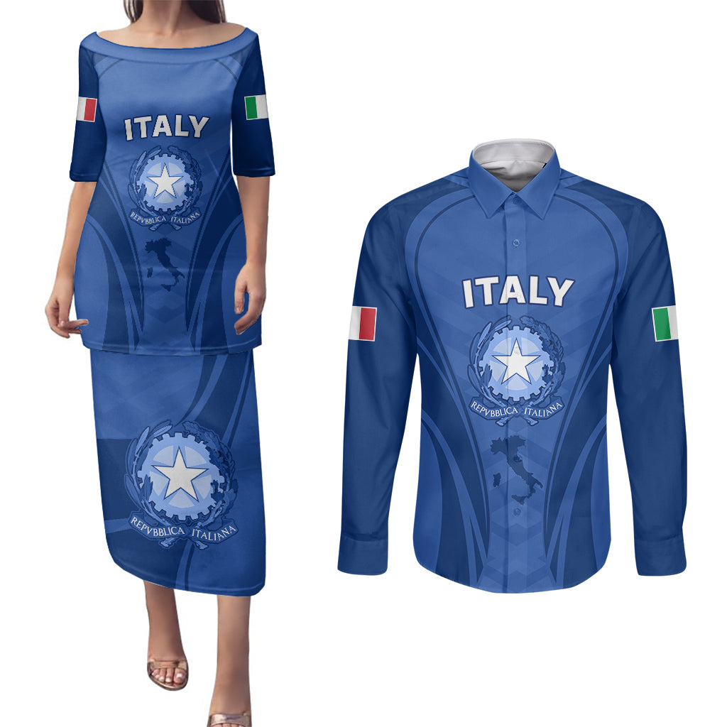 Custom Italy Rugby Couples Matching Puletasi Dress and Long Sleeve Button Shirts World Cup 2023 Go Gli Azzurri Sporty Style LT9 - Wonder Print Shop