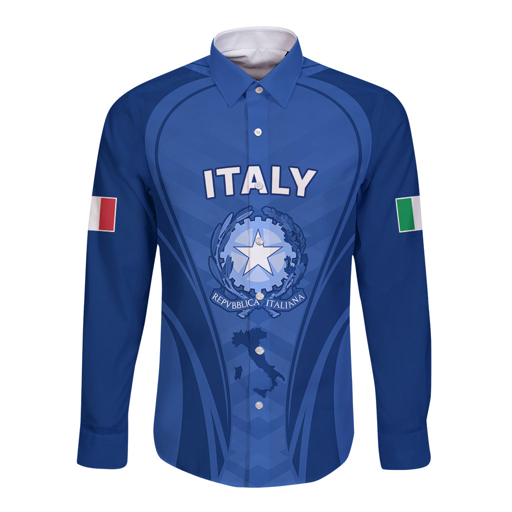 Blue long-sleeve rugby button shirt with Italy badge and tricolor sleeve flags