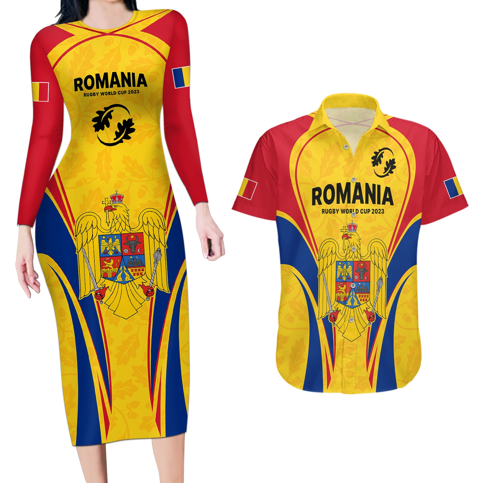 Romania Rugby Couples Matching Long Sleeve Bodycon Dress and Hawaiian Shirt The Oaks World Cup 2023 Go Stejarii LT9 - Wonder Print Shop