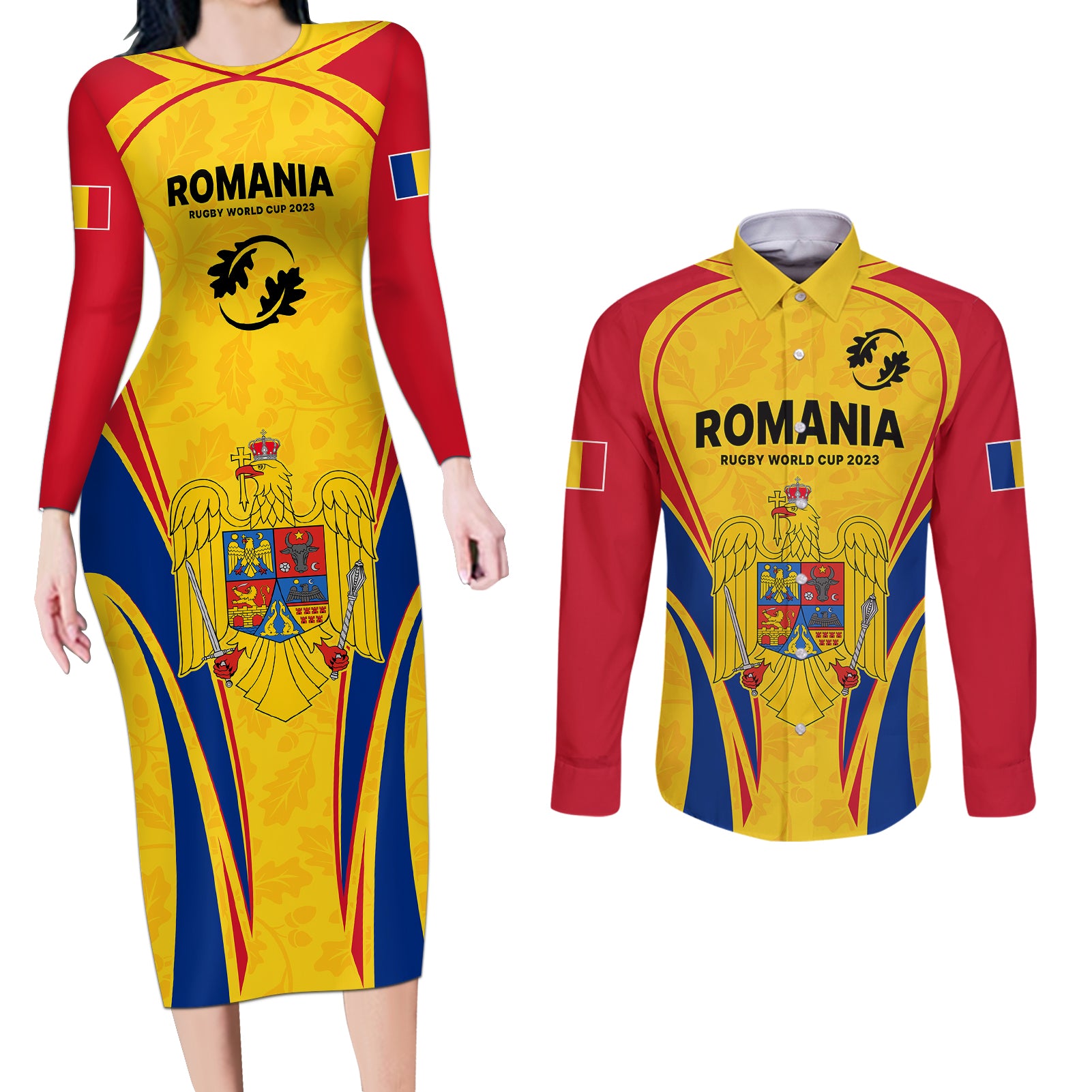 Romania Rugby Couples Matching Long Sleeve Bodycon Dress and Long Sleeve Button Shirts The Oaks World Cup 2023 Go Stejarii LT9 - Wonder Print Shop