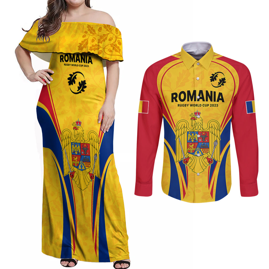 Romania Rugby Couples Matching Off Shoulder Maxi Dress and Long Sleeve Button Shirts The Oaks World Cup 2023 Go Stejarii LT9 - Wonder Print Shop