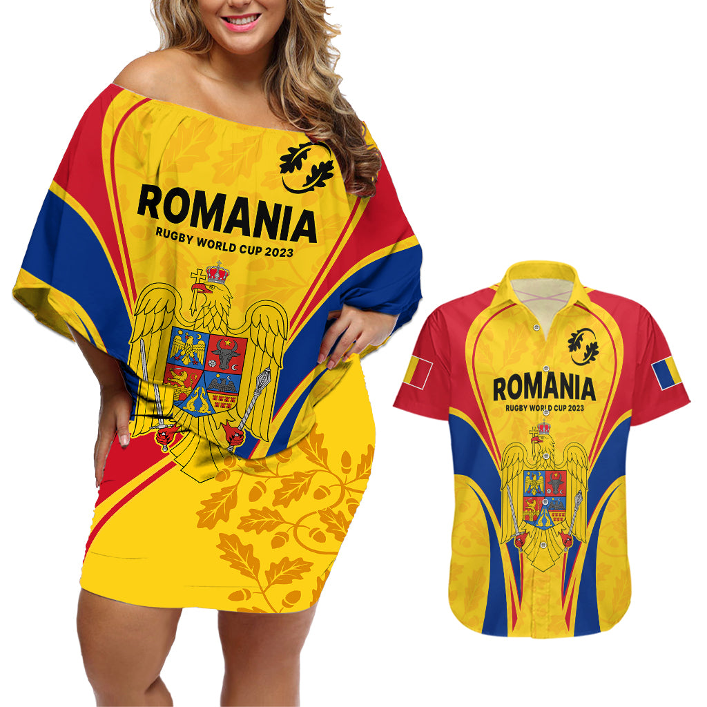 Romania Rugby Couples Matching Off Shoulder Short Dress and Hawaiian Shirt The Oaks World Cup 2023 Go Stejarii LT9 - Wonder Print Shop