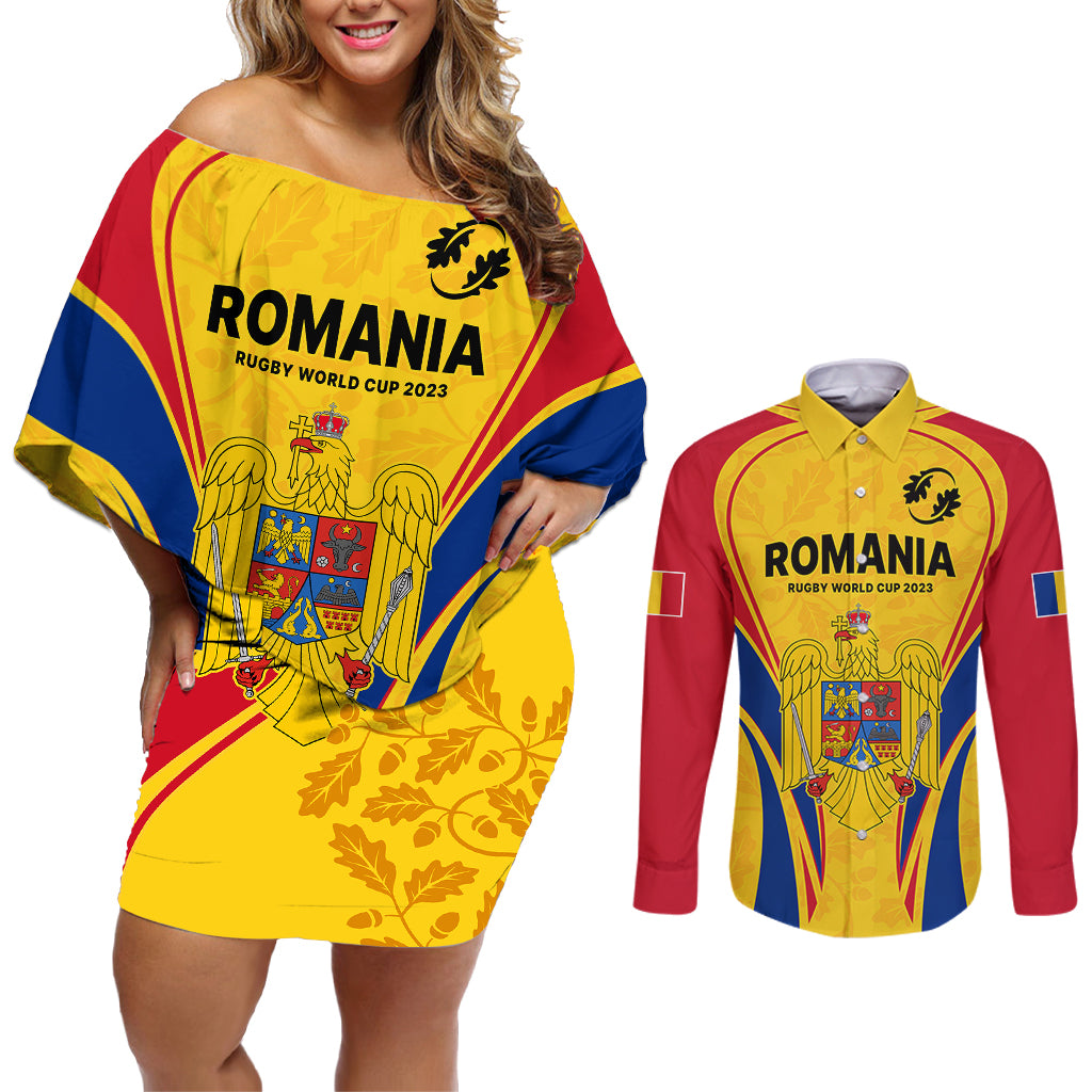 Romania Rugby Couples Matching Off Shoulder Short Dress and Long Sleeve Button Shirts The Oaks World Cup 2023 Go Stejarii LT9 - Wonder Print Shop