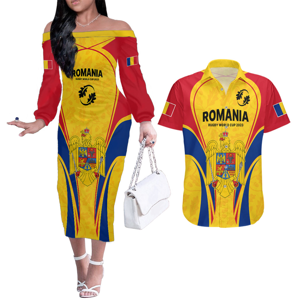 Romania Rugby Couples Matching Off The Shoulder Long Sleeve Dress and Hawaiian Shirt The Oaks World Cup 2023 Go Stejarii LT9 - Wonder Print Shop