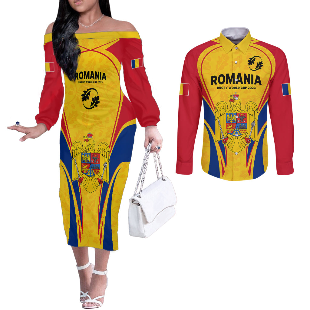 romania-rugby-couples-matching-off-the-shoulder-long-sleeve-dress-and-long-sleeve-button-shirts-the-oaks-world-cup-2023-go-stejarii