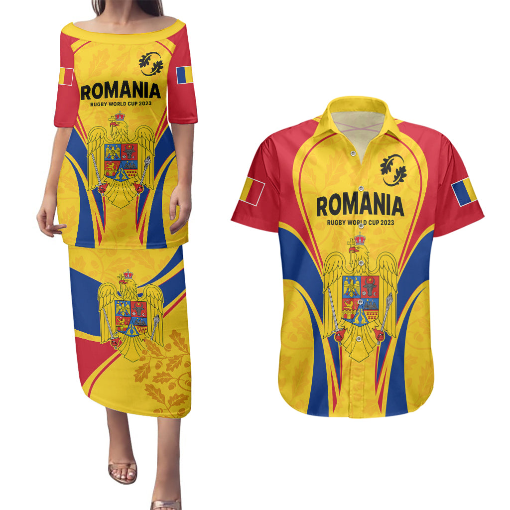 Romania Rugby Couples Matching Puletasi Dress and Hawaiian Shirt The Oaks World Cup 2023 Go Stejarii LT9 - Wonder Print Shop