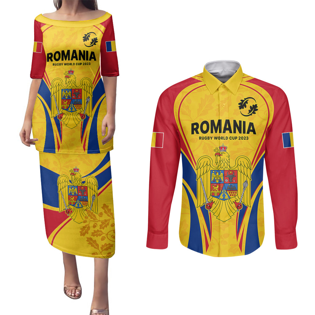 Romania Rugby Couples Matching Puletasi Dress and Long Sleeve Button Shirts The Oaks World Cup 2023 Go Stejarii LT9 - Wonder Print Shop