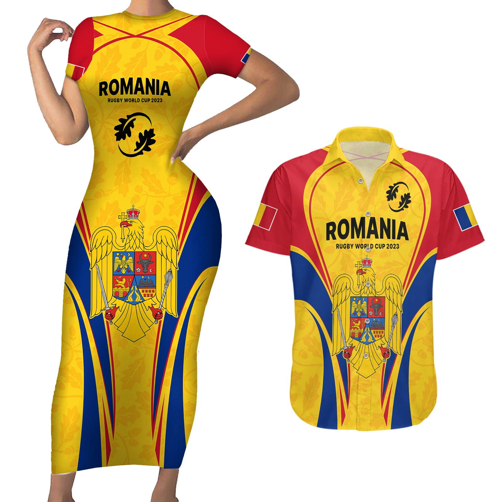 Romania Rugby Couples Matching Short Sleeve Bodycon Dress and Hawaiian Shirt The Oaks World Cup 2023 Go Stejarii LT9 - Wonder Print Shop