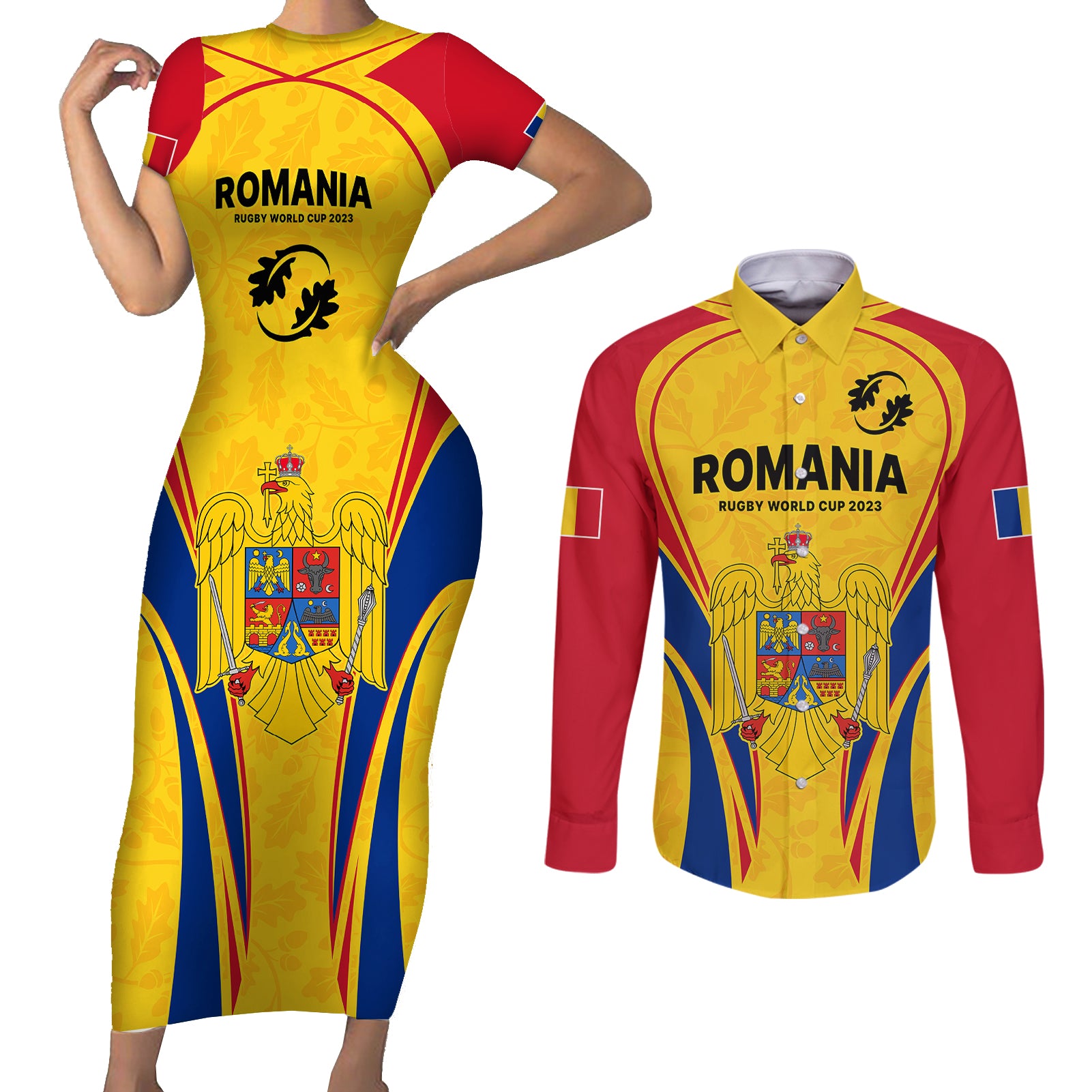 Romania Rugby Couples Matching Short Sleeve Bodycon Dress and Long Sleeve Button Shirts The Oaks World Cup 2023 Go Stejarii LT9 - Wonder Print Shop